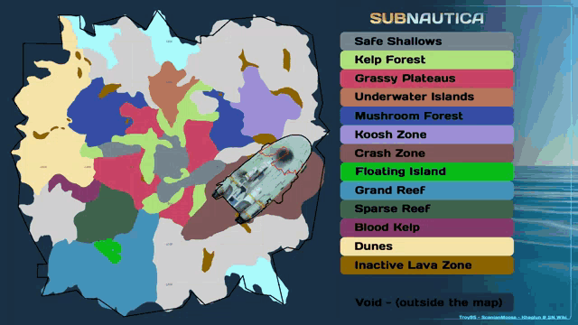 a map of subnautica shows the safe shallows kelp forest and grassy plateaus