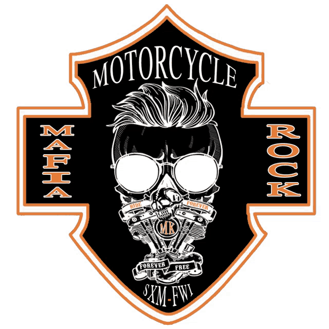 a logo for motorcycle rock mafia with a skull wearing sunglasses