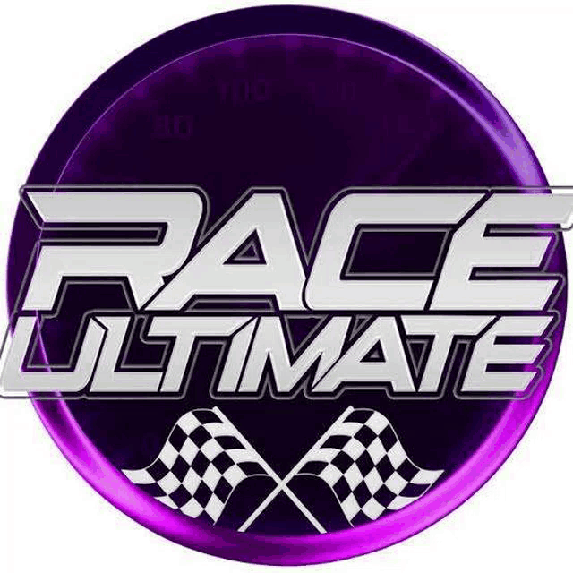 the logo for race ultimate is a purple circle with a checkered flag on it .