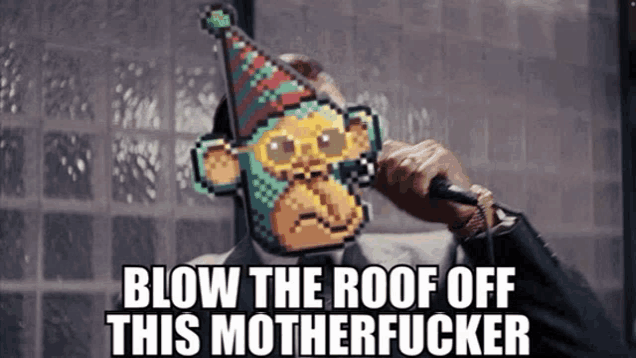 a pixel art of a monkey holding a microphone with the words blow the roof off this motherfucker below it