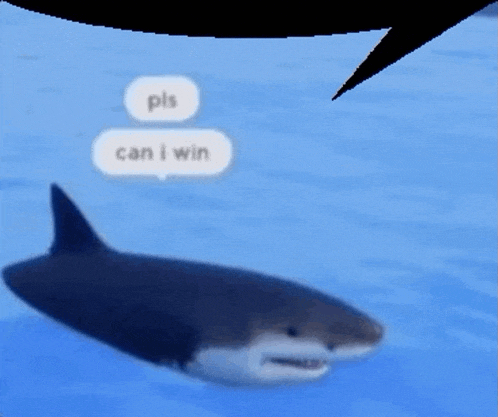 a shark is swimming in the water with a speech bubble that says pls can i win .