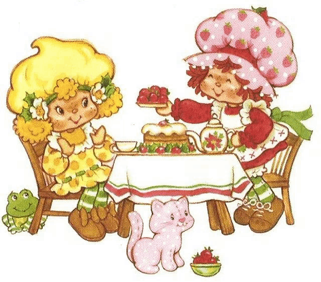 strawberry shortcake and lemon meringue pie are sitting at a table with a cat and a frog .