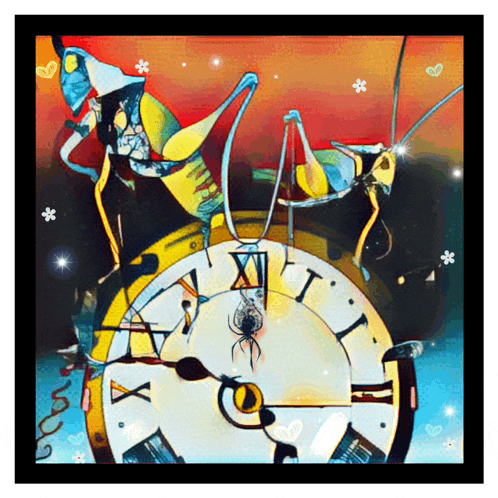 a painting of a clock with roman numerals and a spider on the face