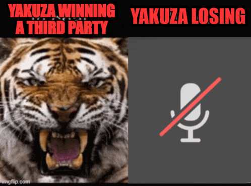 a picture of a tiger next to a picture of a microphone that says yakuza losing a third party