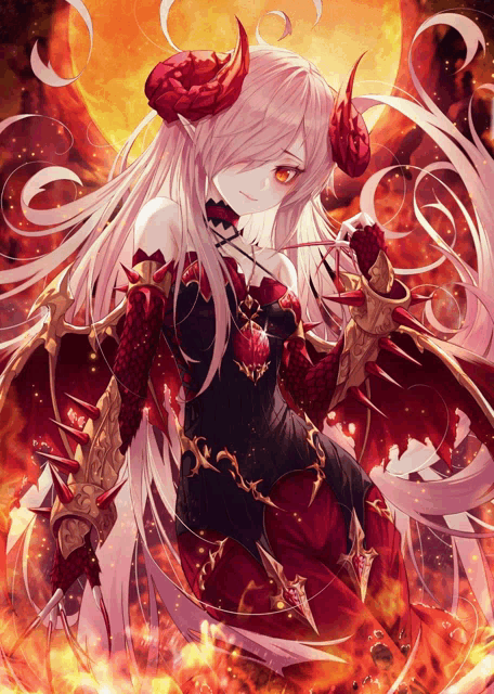 a girl with long white hair and red horns is holding a sword