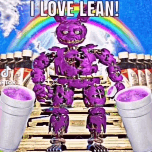 a purple robot is standing next to two cups of purple liquid and a rainbow .