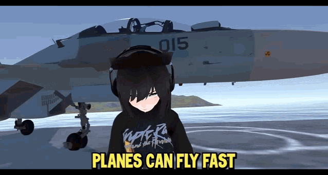 a girl wearing headphones stands in front of a fighter jet with the words " planes can fly fast " below her