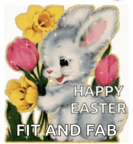 a happy easter greeting card with a bunny holding a bouquet of flowers .