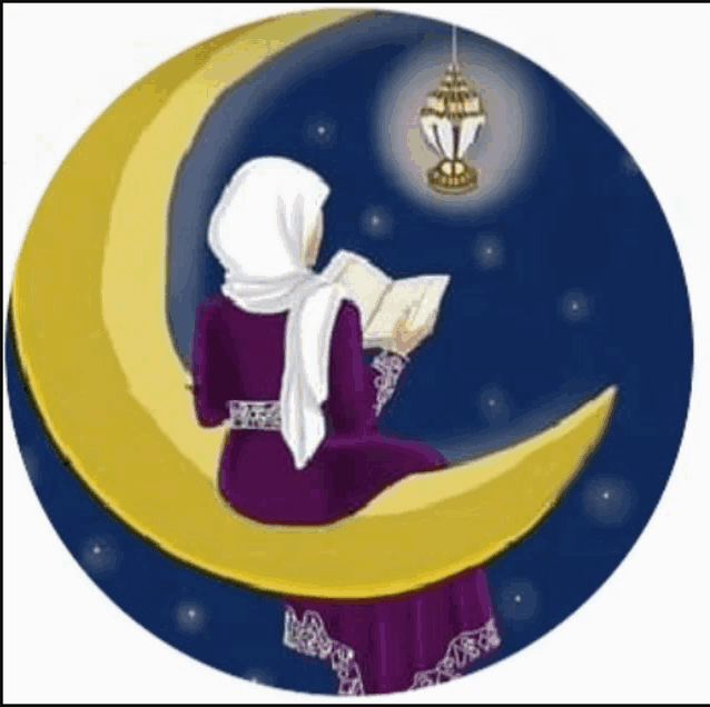 a woman is sitting on a crescent moon reading a book with a lantern in the background .