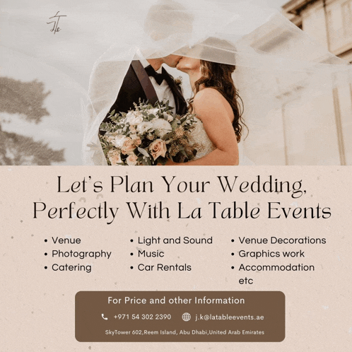 an advertisement for la table events shows a bride and groom kissing under a white veil