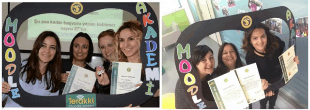 a group of women are posing for a picture with a frame that says " akademi " on it