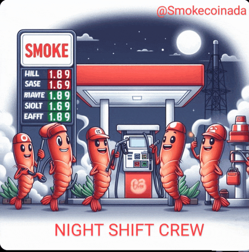 an illustration of shrimp at a gas station with the words night shift crew