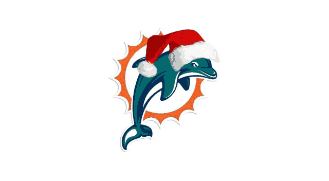 a dolphin wearing a santa hat in front of an orange sun