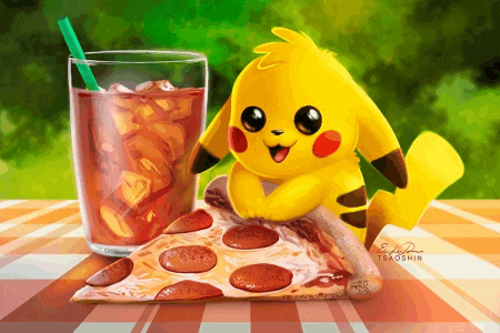 a painting of a pikachu sitting on a slice of pizza next to a glass of iced tea