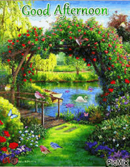 a good afternoon greeting card with a painting of a garden with flowers and a bridge over a pond .