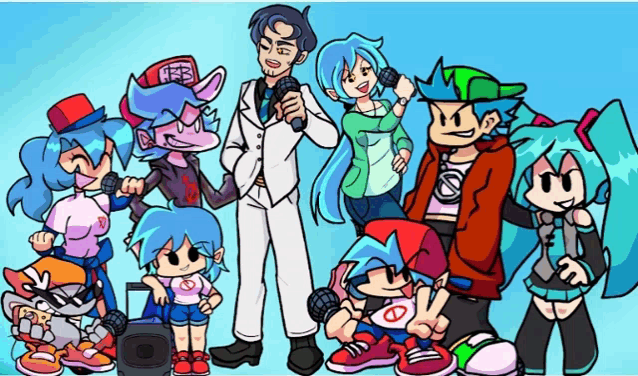 a group of cartoon characters standing next to each other including a man in a suit and a woman with blue hair