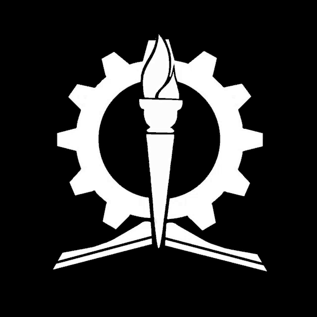 a white logo with a torch in the middle of a gear on a black background