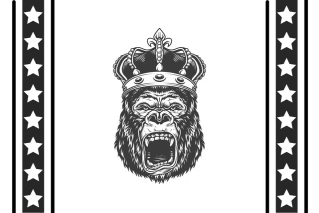 a black and white drawing of a gorilla with a crown on