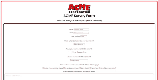 a survey form for acme corporation is open on a computer screen