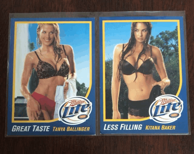 two miller lite advertisements featuring tanya ballinger and less filling kitana baker