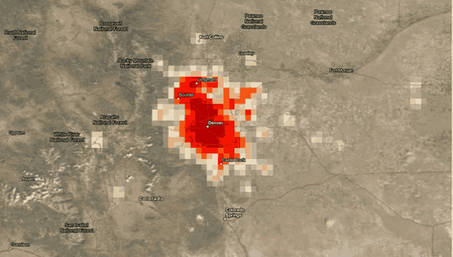 a map of denver and surrounding areas shows a red area in the middle