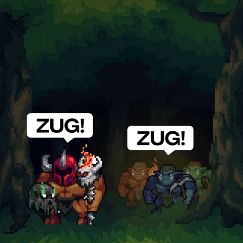 a pixel art illustration of a group of monsters with speech bubbles that say " zug "