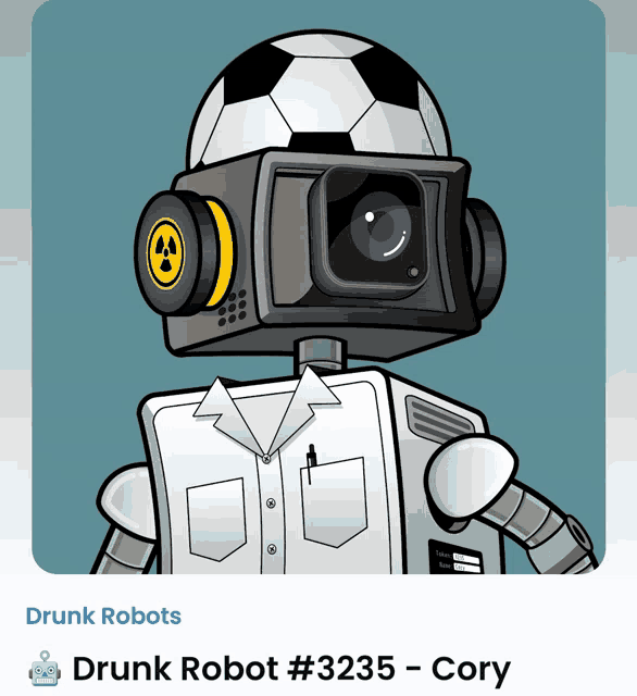 a cartoon of a robot with a camera on his head and the name drunk robot # 3235 - cory