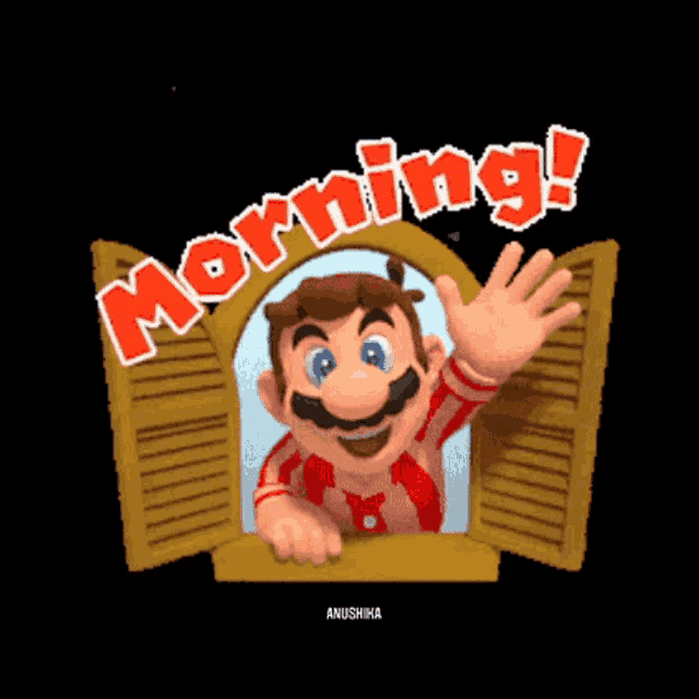 a cartoon of mario waving from an open window with the words morning written above him