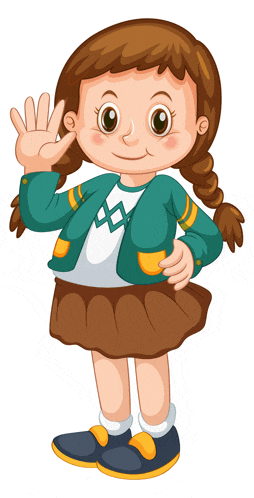 a girl in a green jacket and brown skirt is waving