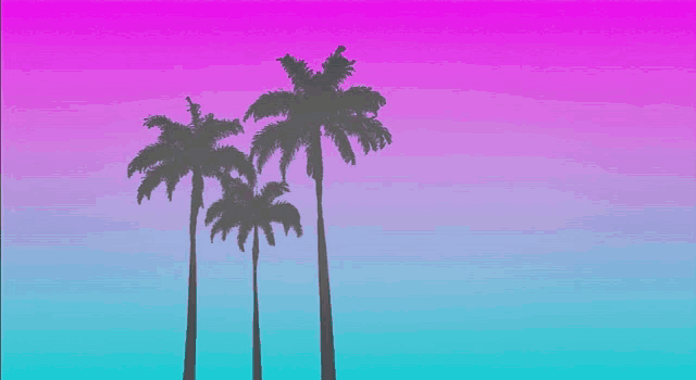 three palm trees are silhouetted against a pink and blue sky