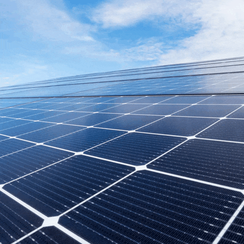 a row of solar panels are against a blue sky