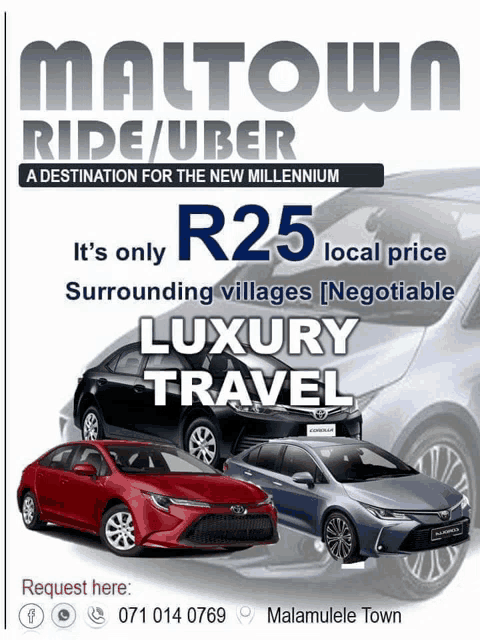 an advertisement for maltown ride / uber shows cars