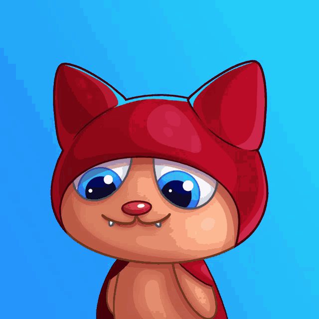 a cartoon cat wearing a red hat with blue eyes on a blue background