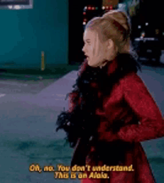 a woman in a red coat is saying oh no you don 't understand