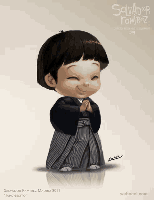 a salvador ramirez drawing of a little boy in a kimono