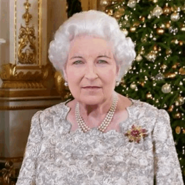 the queen is standing in front of a christmas tree wearing a pearl necklace and brooch .