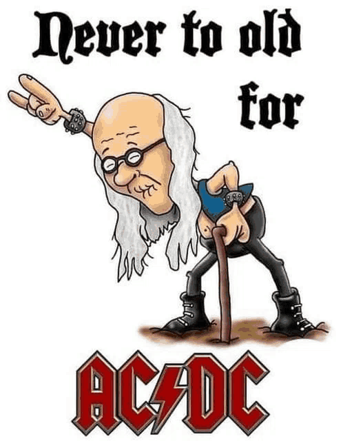 a cartoon of an elderly man with a cane standing next to a logo for ac dc .