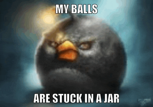 an angry bird with the words my balls are stuck in a jar below it