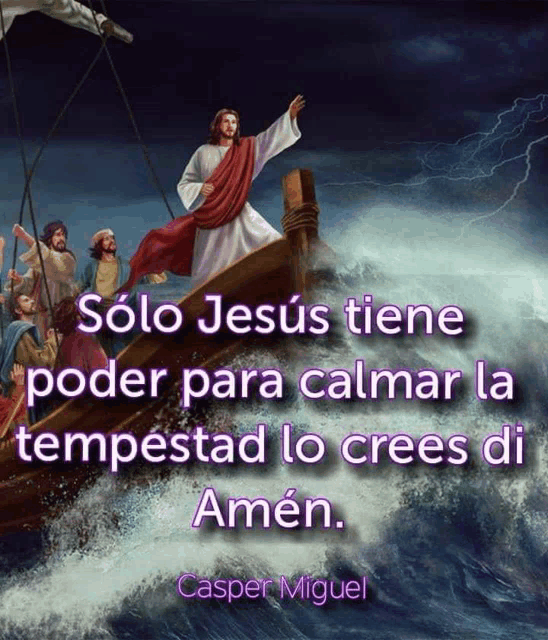 a painting of jesus in a boat with a quote in spanish