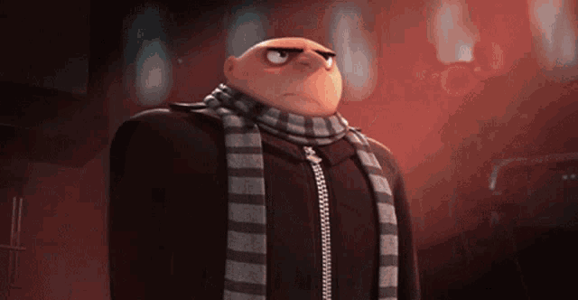 a cartoon character wearing a scarf and a jacket has an angry look on his face