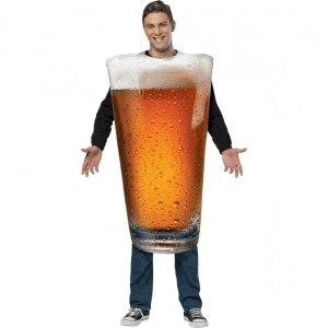 a man in a beer glass costume