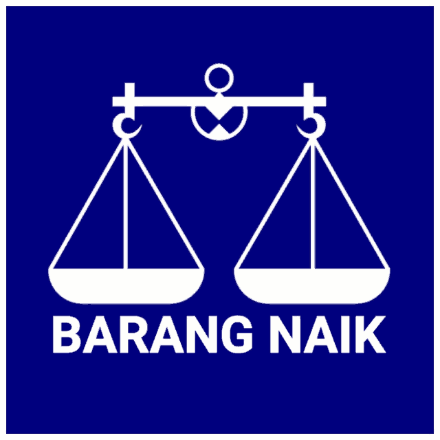 a blue sign with a white scale and the words barang naik