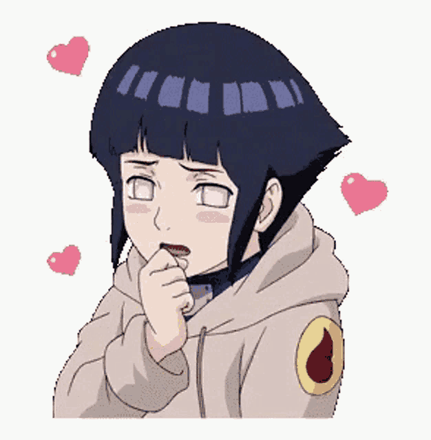 a girl from naruto is surrounded by pink hearts .