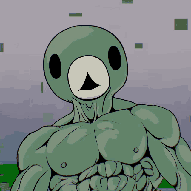 a cartoon drawing of a green alien with a white nose