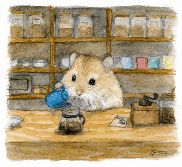 a watercolor painting of a hamster sitting at a counter with a blue cup in its mouth