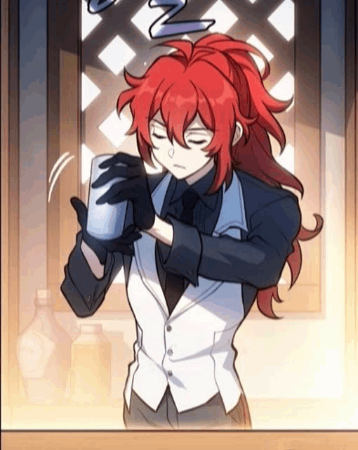 a man with long red hair is holding a cup in his hands .