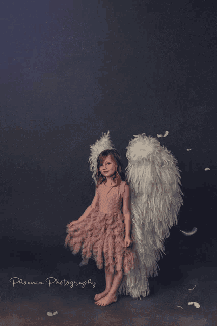 a little girl in a pink dress with white angel wings is photographed by phoenix photography