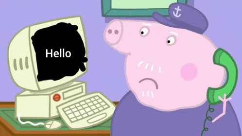 a cartoon of a pig talking on a phone next to a computer that says hello