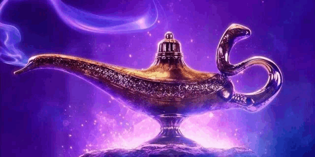 a close up of a genie lamp with smoke coming out of it against a purple background .