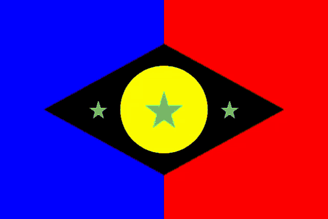 a blue and red flag with a yellow circle and two blue stars